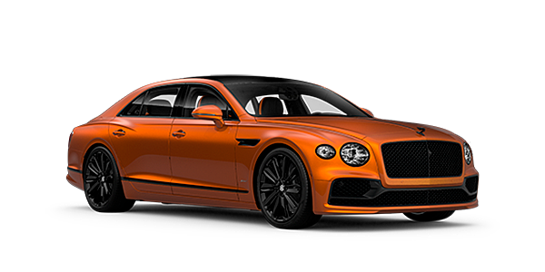 Bentley Kyiv Bentley Flying Spur Speed front side angled view in Orange Flame coloured exterior. 