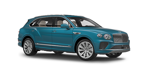 Bentley Kyiv Bentayga Extended Wheelbase Azure luxury SUV front three quarter in Topaz Blue by Mulliner paint